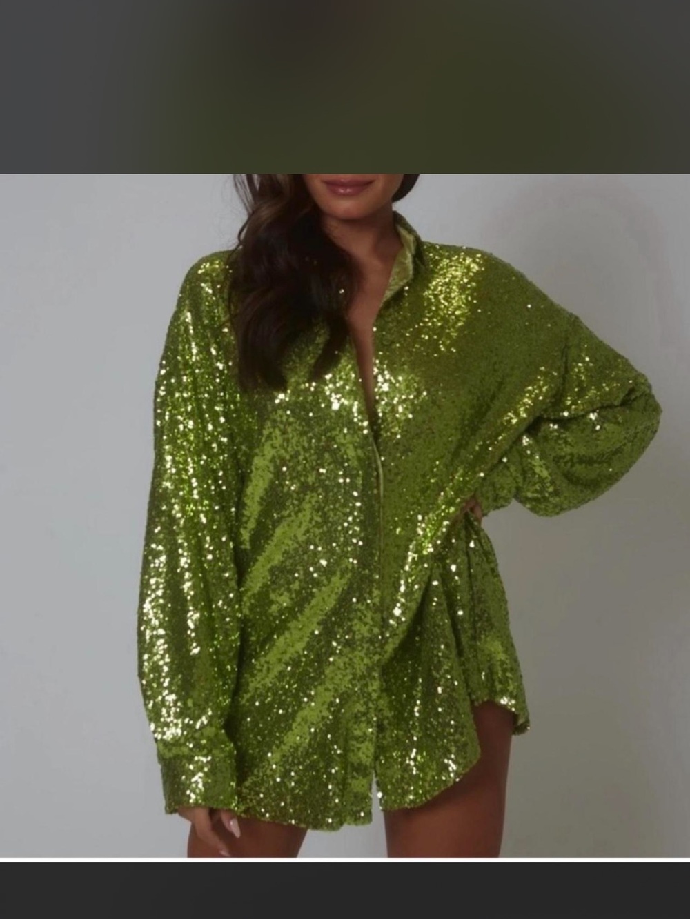SLA The Label - Sequined Olive Green Button-Up Shirt Dress